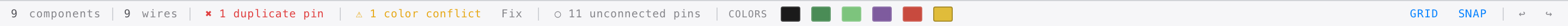 Status bar with component and wire counts, DRC indicators, and color legend